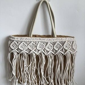 Boho Macramé Fringe Straw Tote Bag - Cream